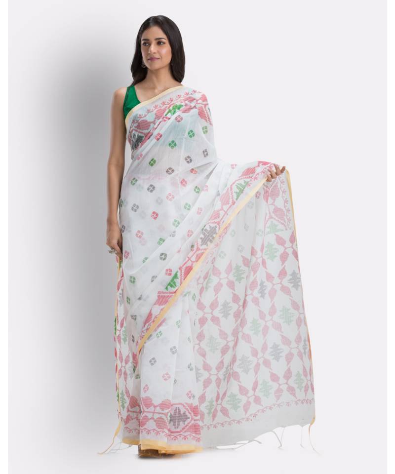 White Handloom Printed Cotton blend Saree