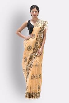 Indian women peach festive cotton blend saree
