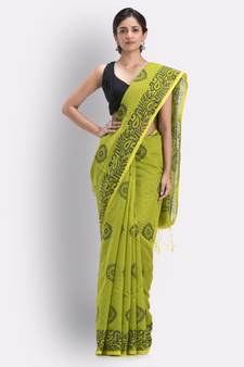 Indian women olive festive cotton blend saree