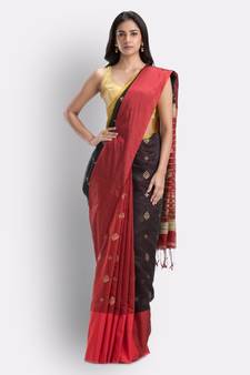 Handwoven Printed Festive Cotton Blend Saree (Red Black)