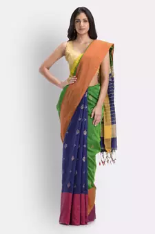 Handwoven Printed Festive Cotton Blend Saree (Blue Green)