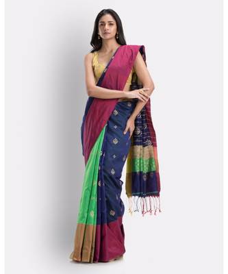 Handwoven Printed Festive Cotton Blend Saree (Blue Green) 1