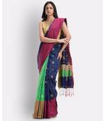 Handwoven Printed Festive Cotton Blend Saree (Blue Green)