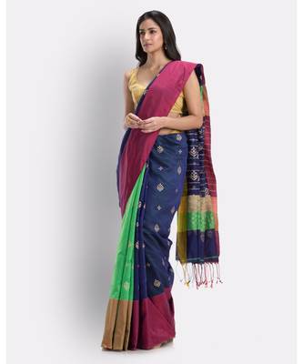 Handwoven Printed Festive Cotton Blend Saree (Blue Green) 2
