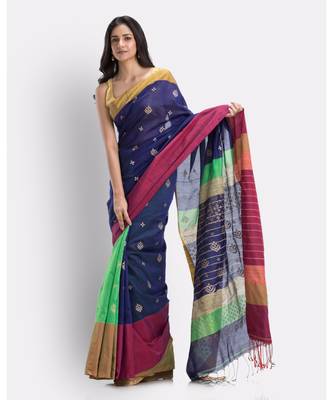 Handwoven Printed Festive Cotton Blend Saree (Blue Green) 3