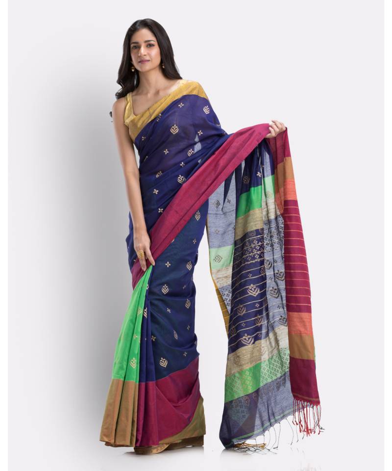 Handwoven Printed Festive Cotton Blend Saree (Blue Green)