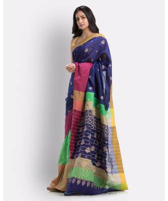 Handwoven Printed Festive Cotton Blend Saree (Blue Green) 4