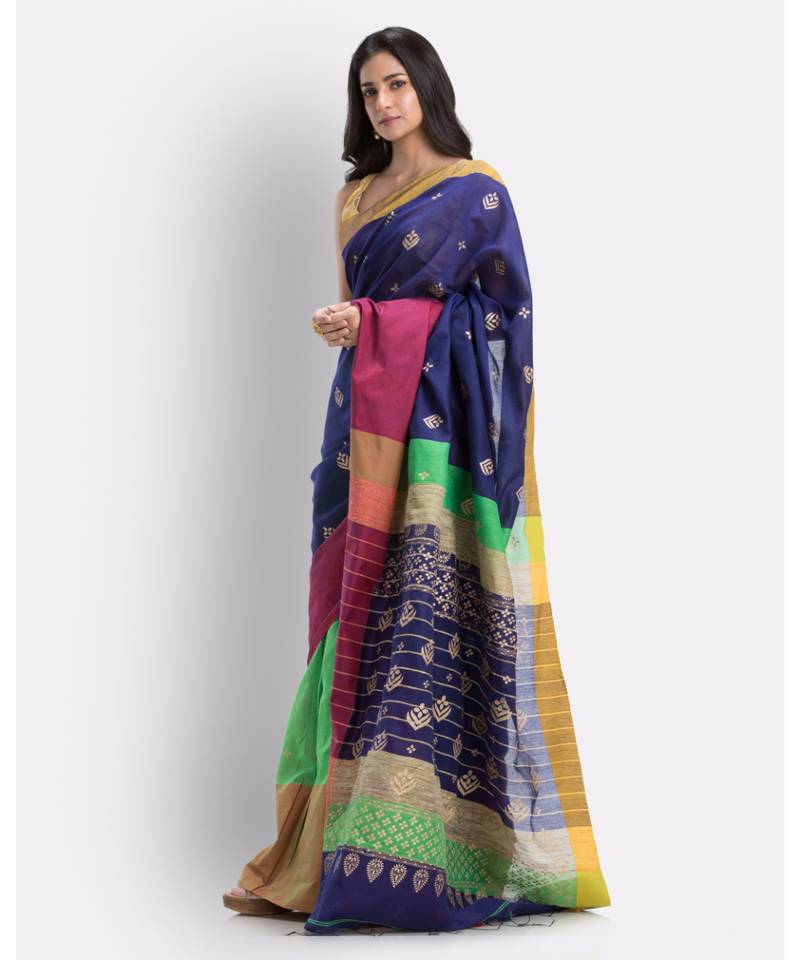 Handwoven Printed Festive Cotton Blend Saree (Blue Green)