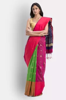 Handwoven Printed Festive Cotton Blend Saree (Green pink Blue)