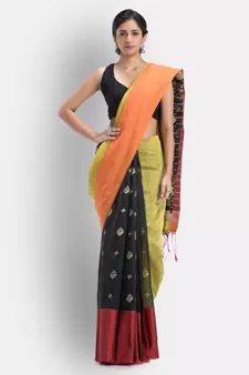 Handwoven Printed Festive Cotton Blend Saree (Yellow Black)