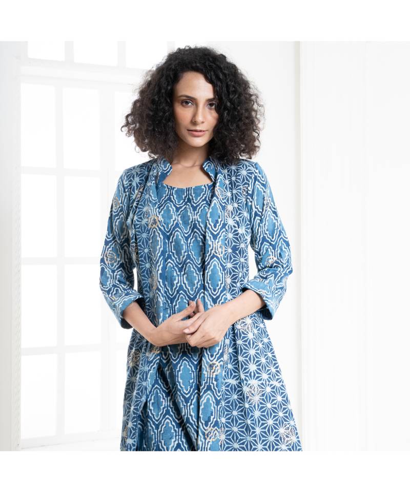 Indigo ajrak jharokha cotton dress with attach jacket - BOVEEE - 3856005 Indigo ajrak jharokha cotton dress with attach jacket - BOVEEE - 3856005