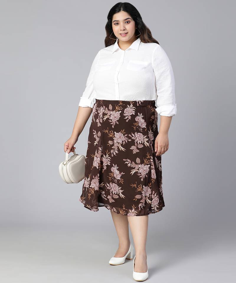 Coated brown floral print elasticated plus size women skirt