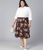 Coated brown floral print elasticated plus size women skirt