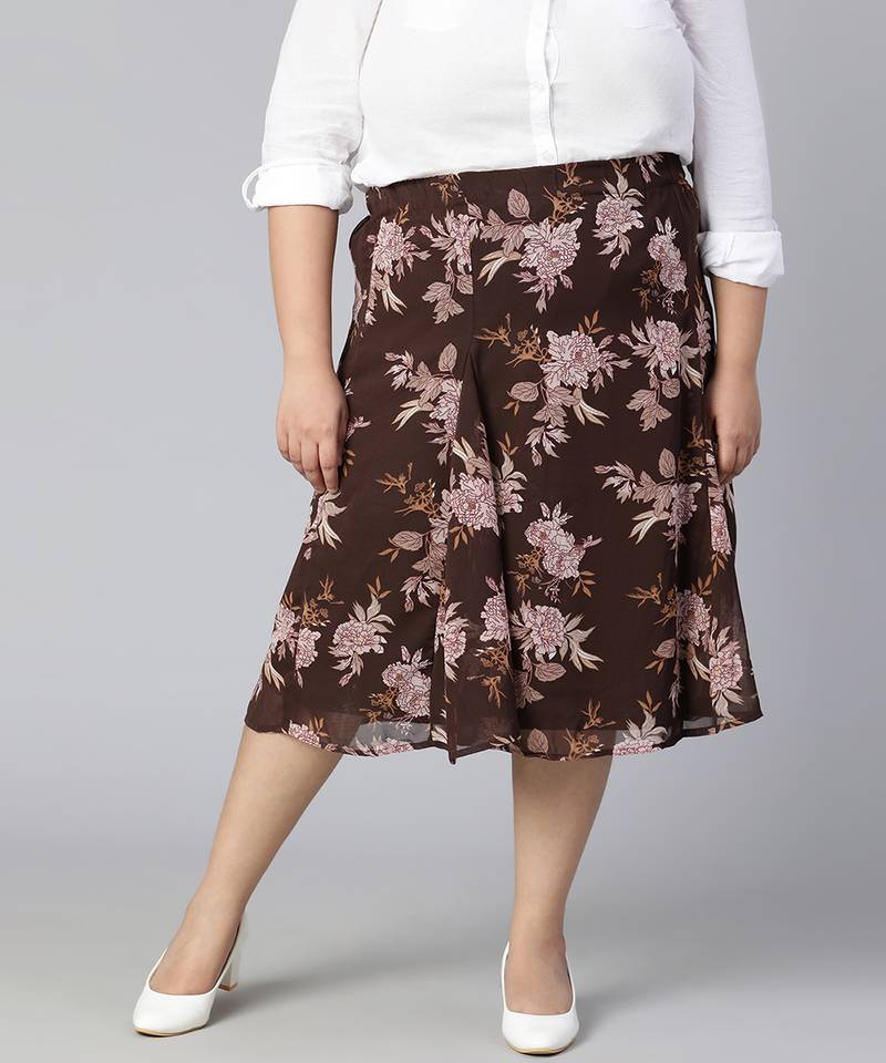 Coated brown floral print elasticated plus size women skirt