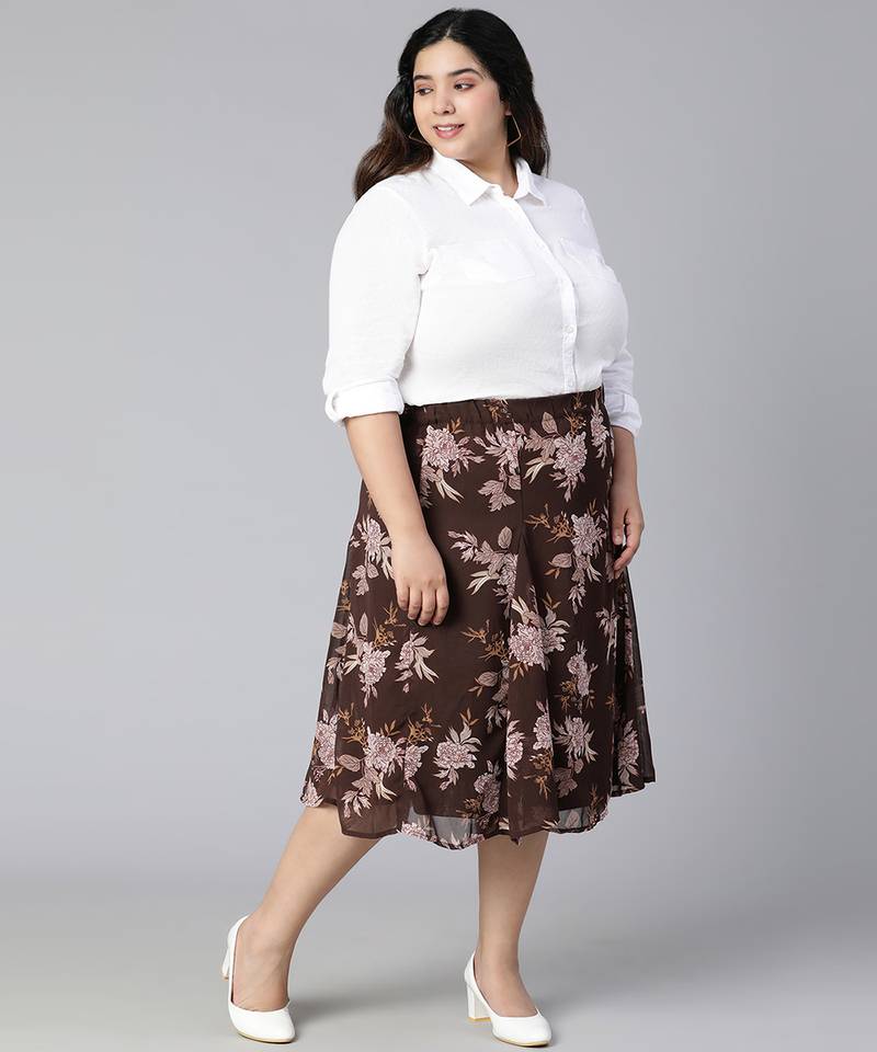 Coated brown floral print elasticated plus size women skirt