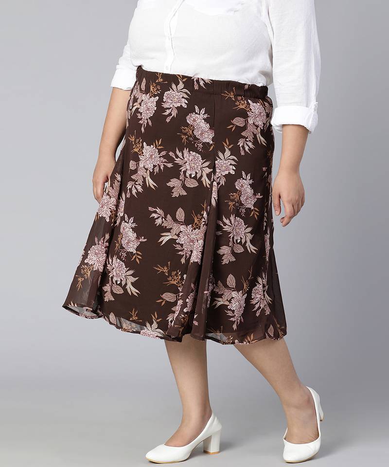 Coated brown floral print elasticated plus size women skirt