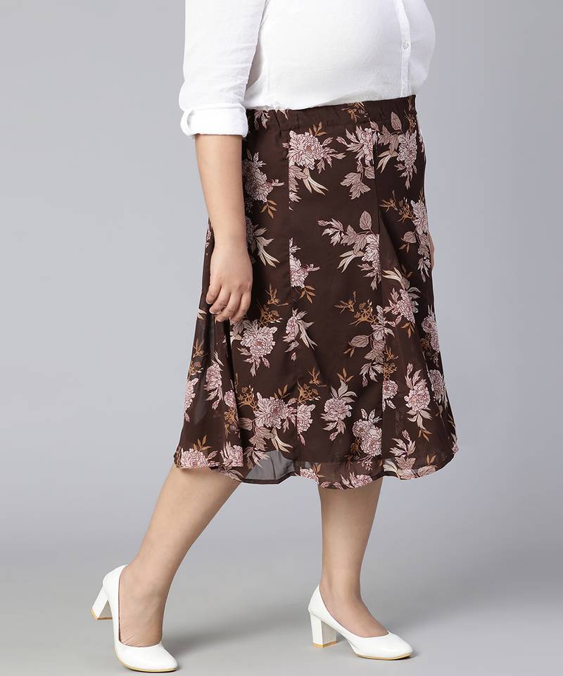 Coated brown floral print elasticated plus size women skirt