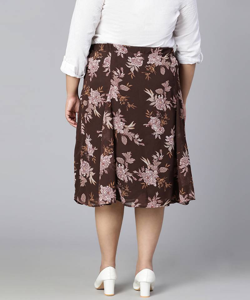 Coated brown floral print elasticated plus size women skirt