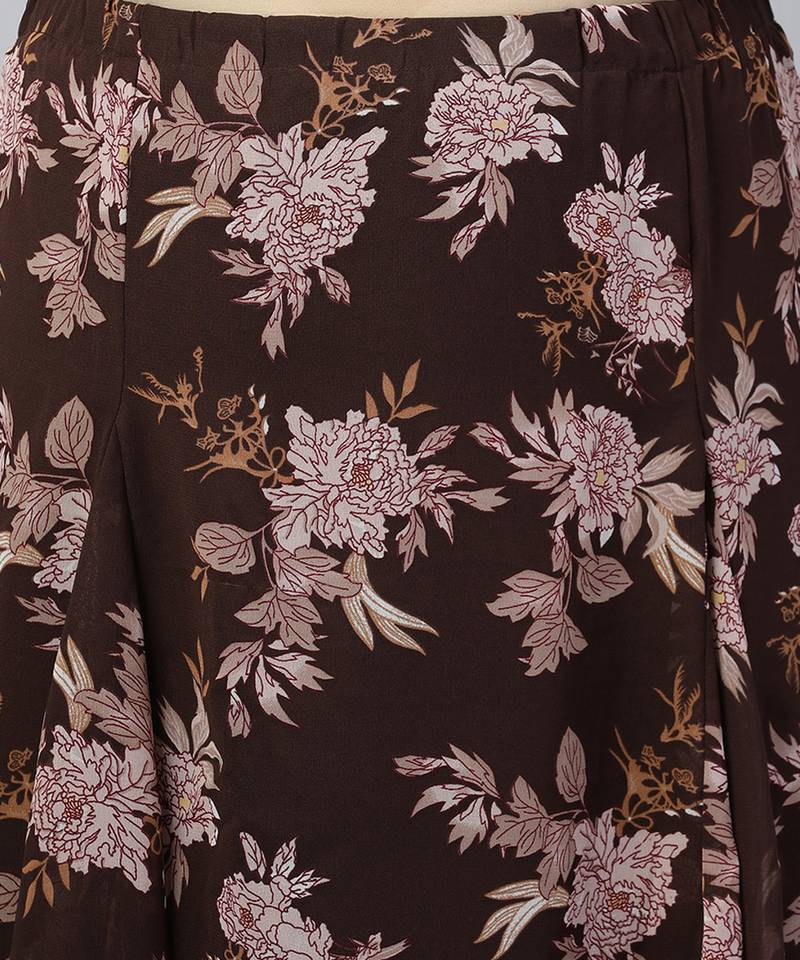 Coated brown floral print elasticated plus size women skirt