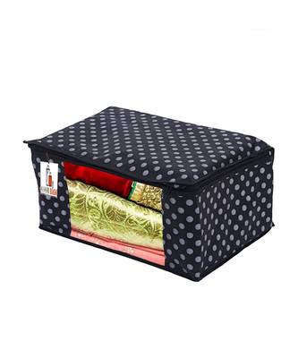 Saree Cover Black Polka Dot Non Woven Fabric Saree Bag Organizer For Wardrobe Transparent (Black) Pack Of 3 1