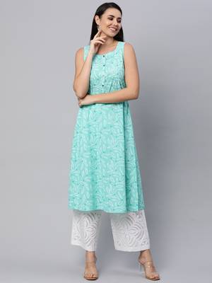Aqua-blue printed cotton cotton-kurtis 1