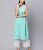 Aqua-blue printed cotton cotton-kurtis