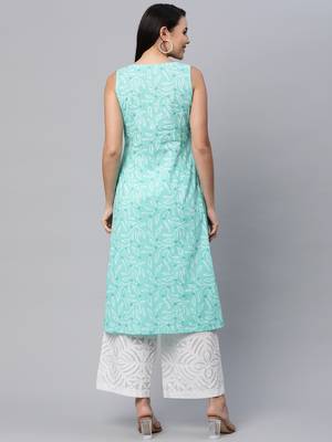 Aqua-blue printed cotton cotton-kurtis 2