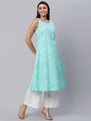 Aqua-blue printed cotton cotton-kurtis 3