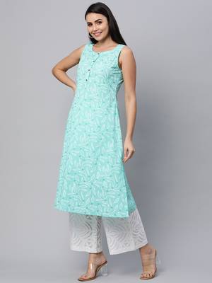 Aqua-blue printed cotton cotton-kurtis 4