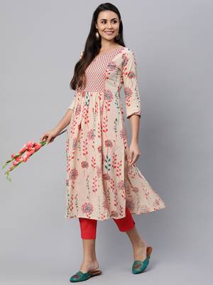 Beige printed cotton cotton-kurtis 1