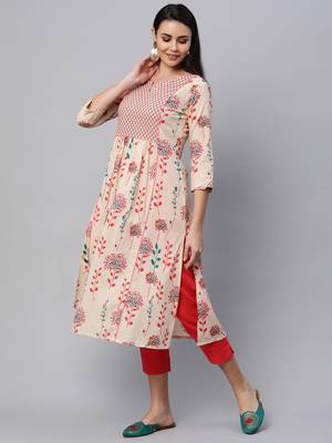 Beige printed cotton cotton-kurtis 4