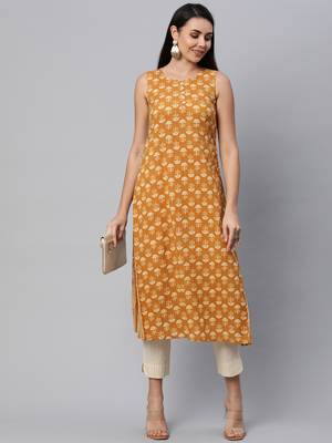 Yellow printed cotton cotton-kurtis 1
