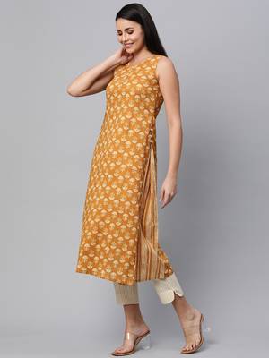 Yellow printed cotton cotton-kurtis 4