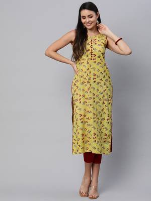 Yellow printed cotton cotton-kurtis 1
