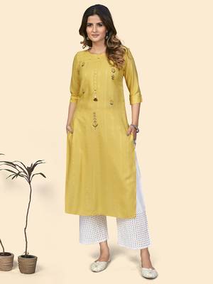 Vbuyz Women'S Sequence & Hand Work Straight Viscose Yellow Stitched Kurta 2