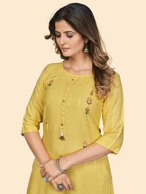 Vbuyz Women'S Sequence & Hand Work Straight Viscose Yellow Stitched Kurta 6