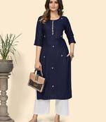 Vbuyz Women'S Sequience & Hand Work Straight Viscose Navy Blue Stitched Kurta