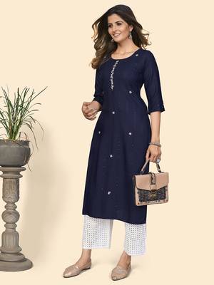 Vbuyz Women'S Sequience & Hand Work Straight Viscose Navy Blue Stitched Kurta 2