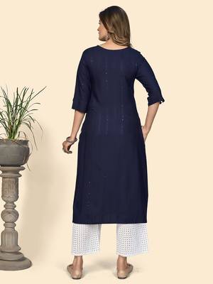 Vbuyz Women'S Sequience & Hand Work Straight Viscose Navy Blue Stitched Kurta 3