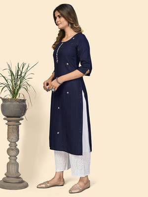 Vbuyz Women'S Sequience & Hand Work Straight Viscose Navy Blue Stitched Kurta 4