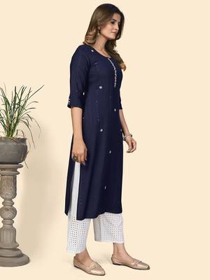 Vbuyz Women'S Sequience & Hand Work Straight Viscose Navy Blue Stitched Kurta 5