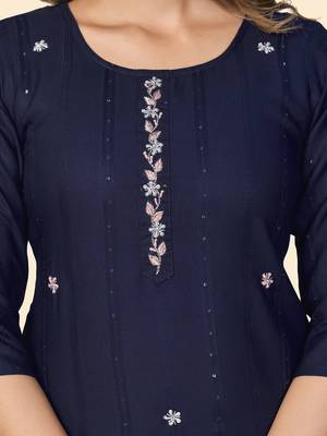 Vbuyz Women'S Sequience & Hand Work Straight Viscose Navy Blue Stitched Kurta 7