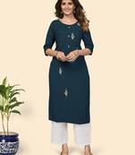 Vbuyz Women'S Print & Hand Work Straight Viscose Dark Aqua Stitched Kurta