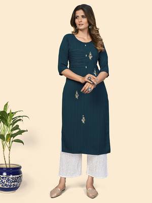 Vbuyz Women'S Print & Hand Work Straight Viscose Dark Aqua Stitched Kurta 2