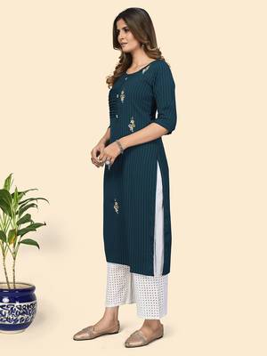 Vbuyz Women'S Print & Hand Work Straight Viscose Dark Aqua Stitched Kurta 4
