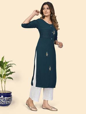 Vbuyz Women'S Print & Hand Work Straight Viscose Dark Aqua Stitched Kurta 5