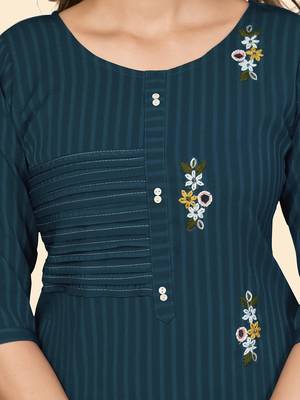 Vbuyz Women'S Print & Hand Work Straight Viscose Dark Aqua Stitched Kurta 7