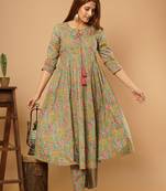 Green printed cotton cotton-kurtis