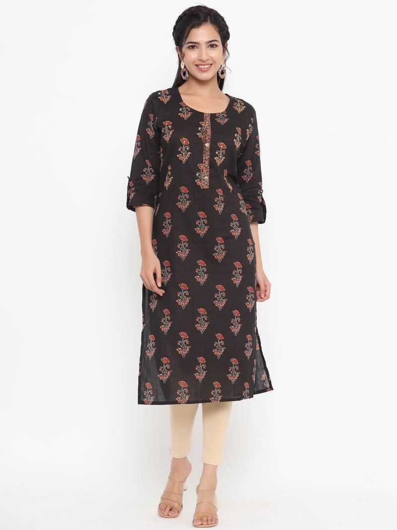 Black printed cotton kurtas-and-kurtis