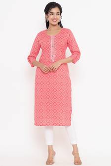 Peach printed cotton kurtas-and-kurtis